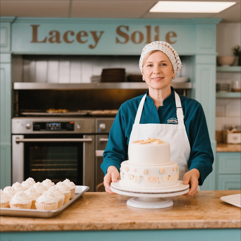 Baker crafting a custom cake at Lacey Cakes Wakefield bakery