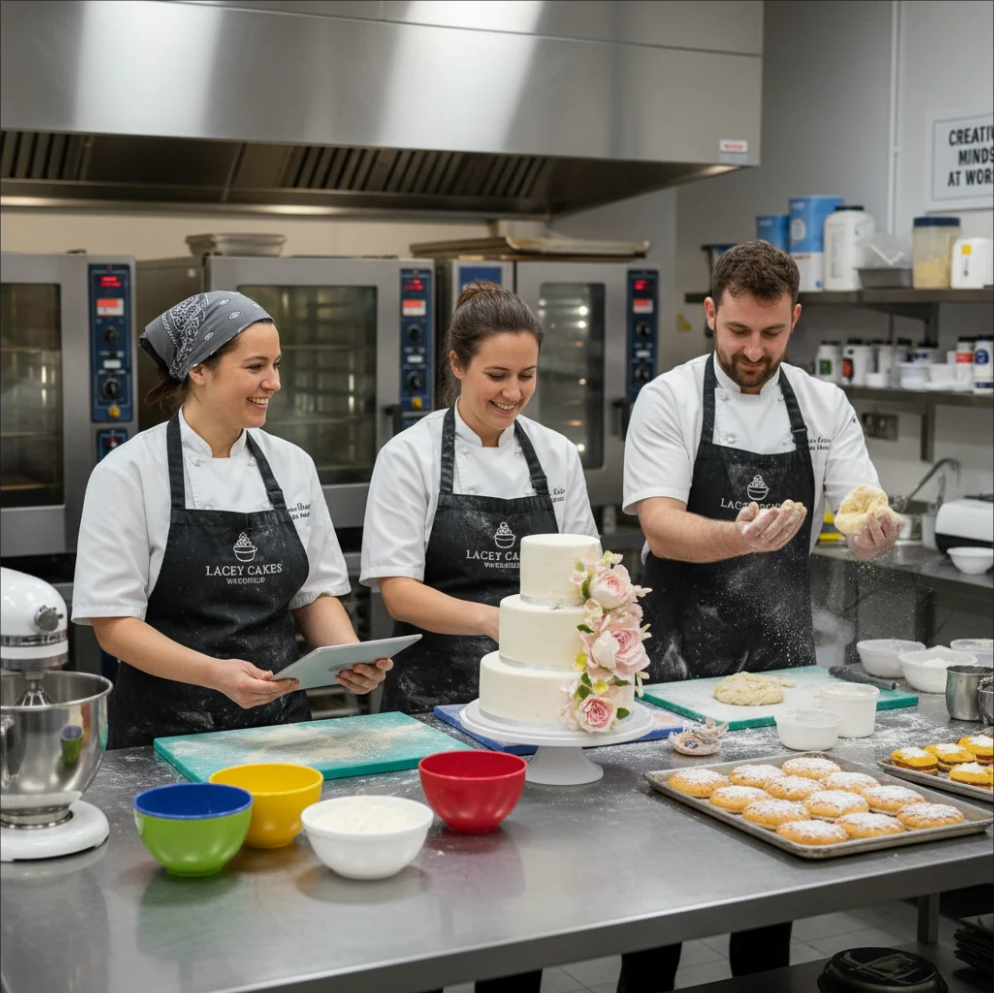 Chefs and decorators crafting cakes in the kitchen at Lacey Cakes Wakefield