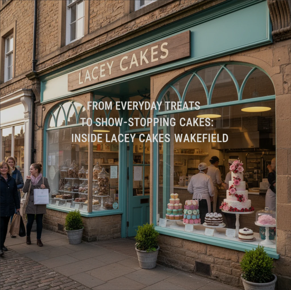 A display of Lacey Cakes Wakefield’s cakes, from simple everyday cupcakes to intricate show-stopping wedding cakes, beautifully arranged in the bakery.