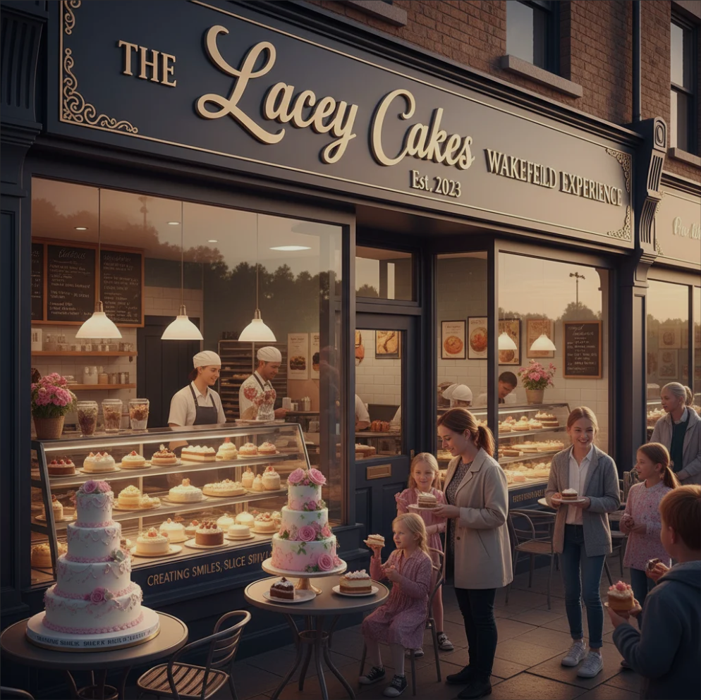Artisanal cakes beautifully displayed at Lacey Cakes Wakefield, showing vibrant layers, fresh ingredients, and inviting presentation.