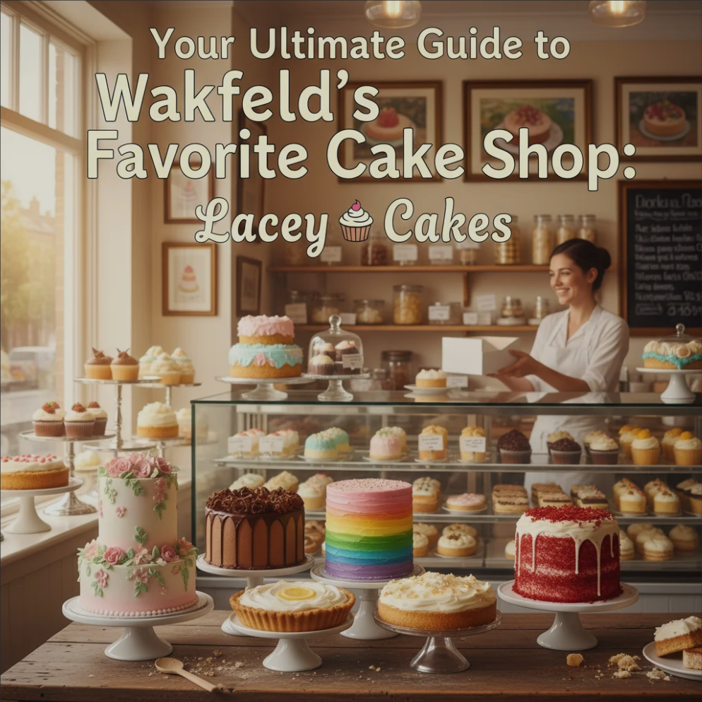 Display of beautifully decorated cakes and pastries from Lacey Cakes in Wakefield, showing variety and artisanal quality.