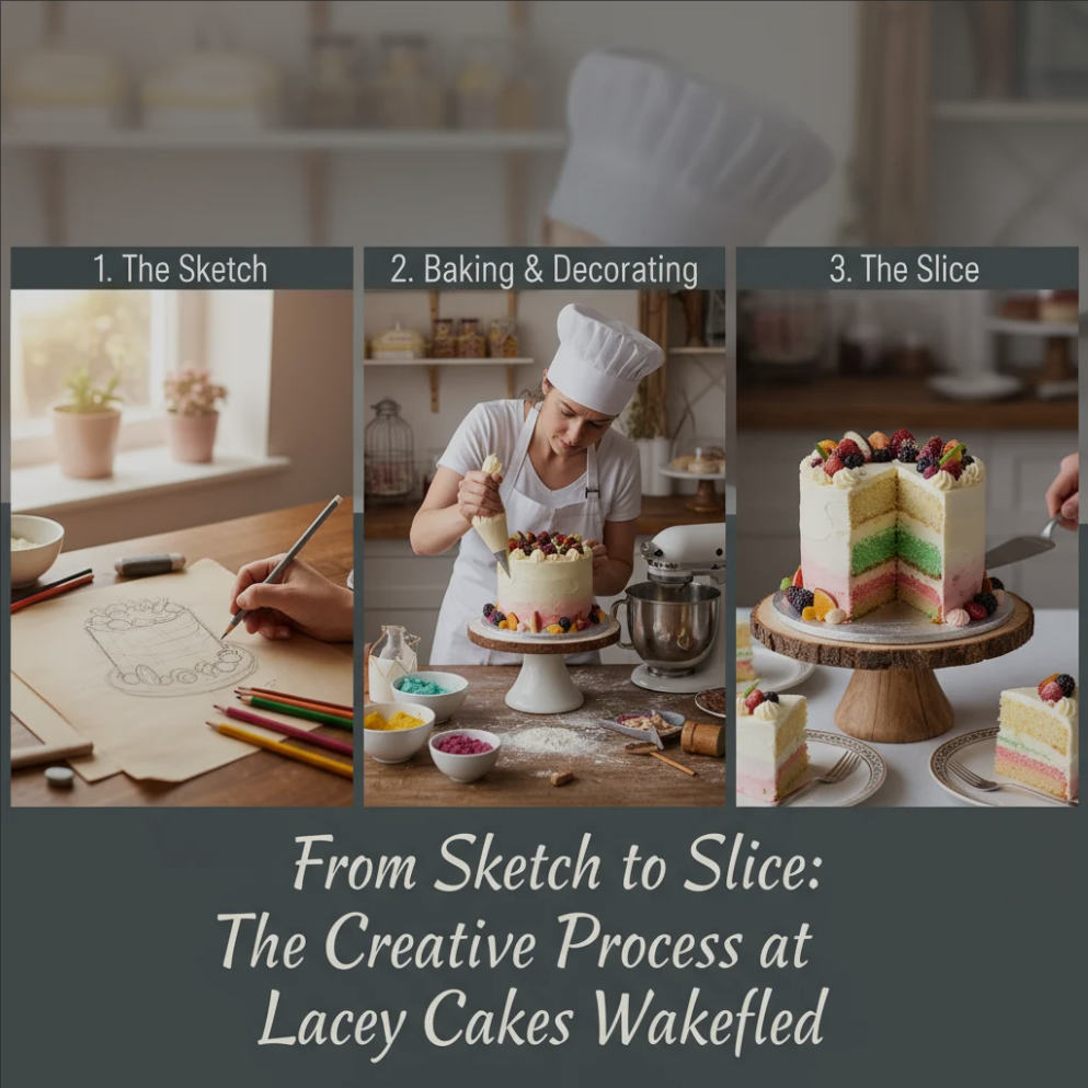 Pastry chef designing and decorating a custom cake at Lacey Cakes Wakefield