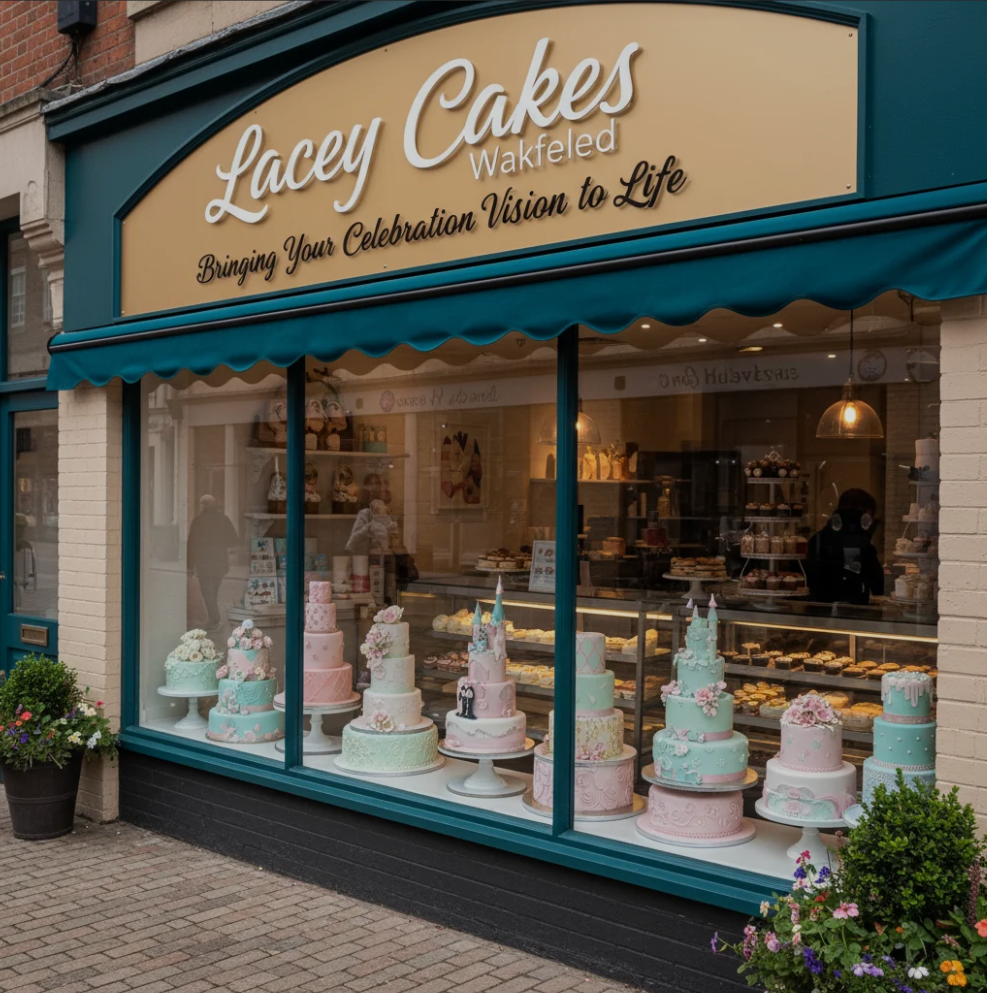 A beautifully decorated custom cake from Lacey Cakes Wakefield.