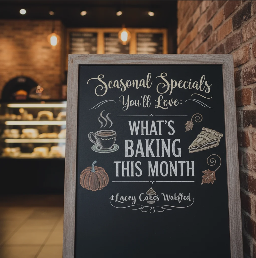 Seasonal cakes and pastries displayed at Lacey Cakes Wakefield