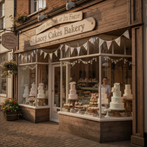 Beautifully decorated custom cakes and pastries at Lacey Cakes Bakery in Wakefield, showcasing craftsmanship, vibrant colors, and artisanal details.
