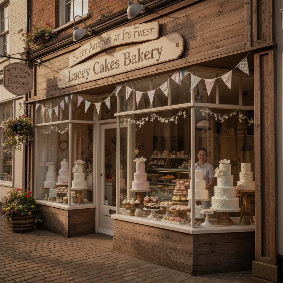 Beautifully decorated custom cakes and pastries at Lacey Cakes Bakery in Wakefield, showcasing craftsmanship, vibrant colors, and artisanal details.