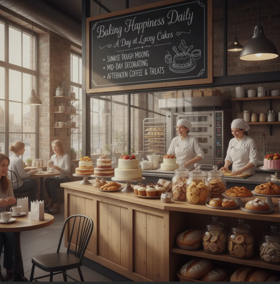 Baker at Lacey Cakes Wakefield decorating a colorful cake with fresh buttercream and sprinkles