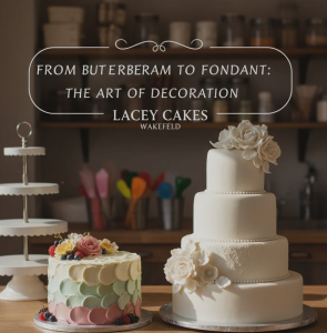 Cake decorator at Lacey Cakes Wakefield applying smooth buttercream and fondant details to a custom celebration cake