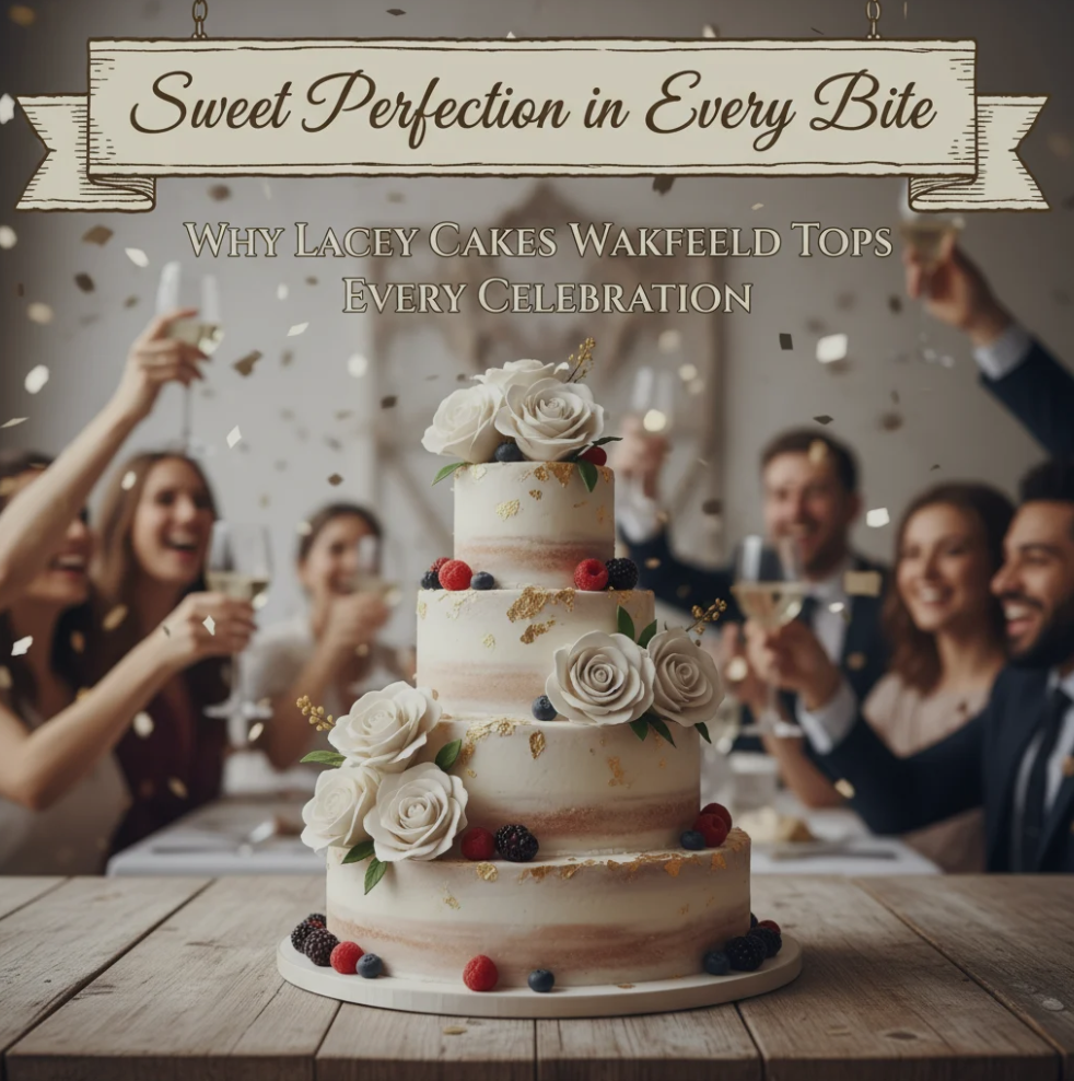 A beautifully decorated Lacey Cakes Wakefield custom cake surrounded by party decorations.