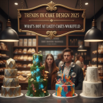 A modern celebration cake from Lacey Cakes Wakefield showcasing layered textures, metallic accents and seasonal colour trends