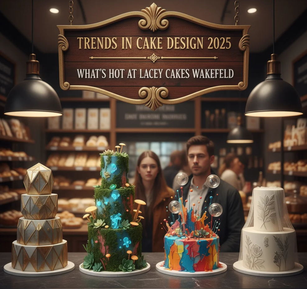 A modern celebration cake from Lacey Cakes Wakefield showcasing layered textures, metallic accents and seasonal colour trends