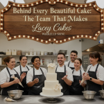 A group of bakers and cake decorators at Lacey Cakes Wakefield working on colorful, detailed cakes