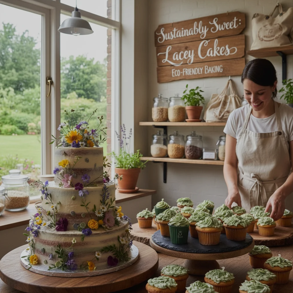 Beautifully decorated cakes on eco-friendly packaging with natural ingredients around, representing sustainable baking practices