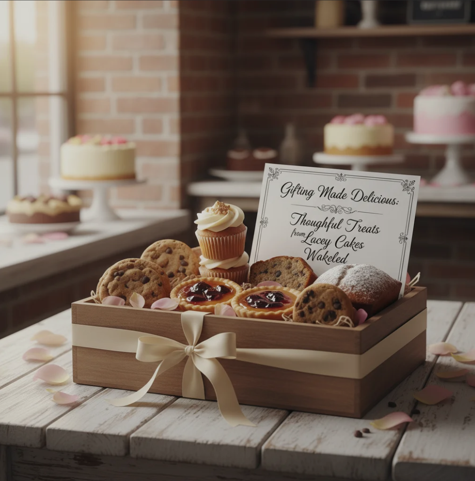 Beautifully decorated gift boxes of cakes and pastries from Lacey Cakes Wakefield, perfect for special occasions