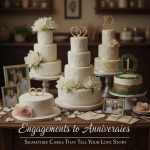 A beautifully decorated signature cake with floral accents, personalized toppers, and elegant design elements.