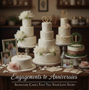 A beautifully decorated signature cake with floral accents, personalized toppers, and elegant design elements.
