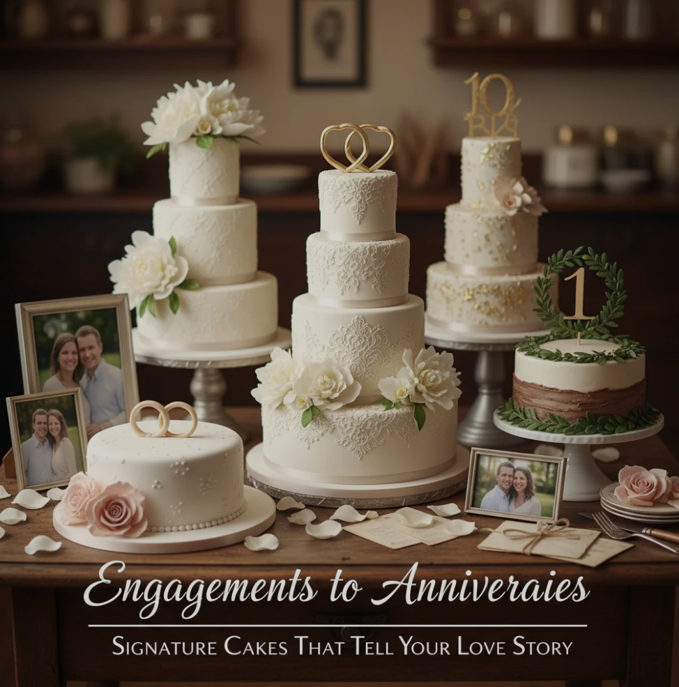 A beautifully decorated signature cake with floral accents, personalized toppers, and elegant design elements.