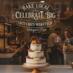 A beautifully decorated custom cake from Lacey Cakes Wakefield, surrounded by celebration decorations.