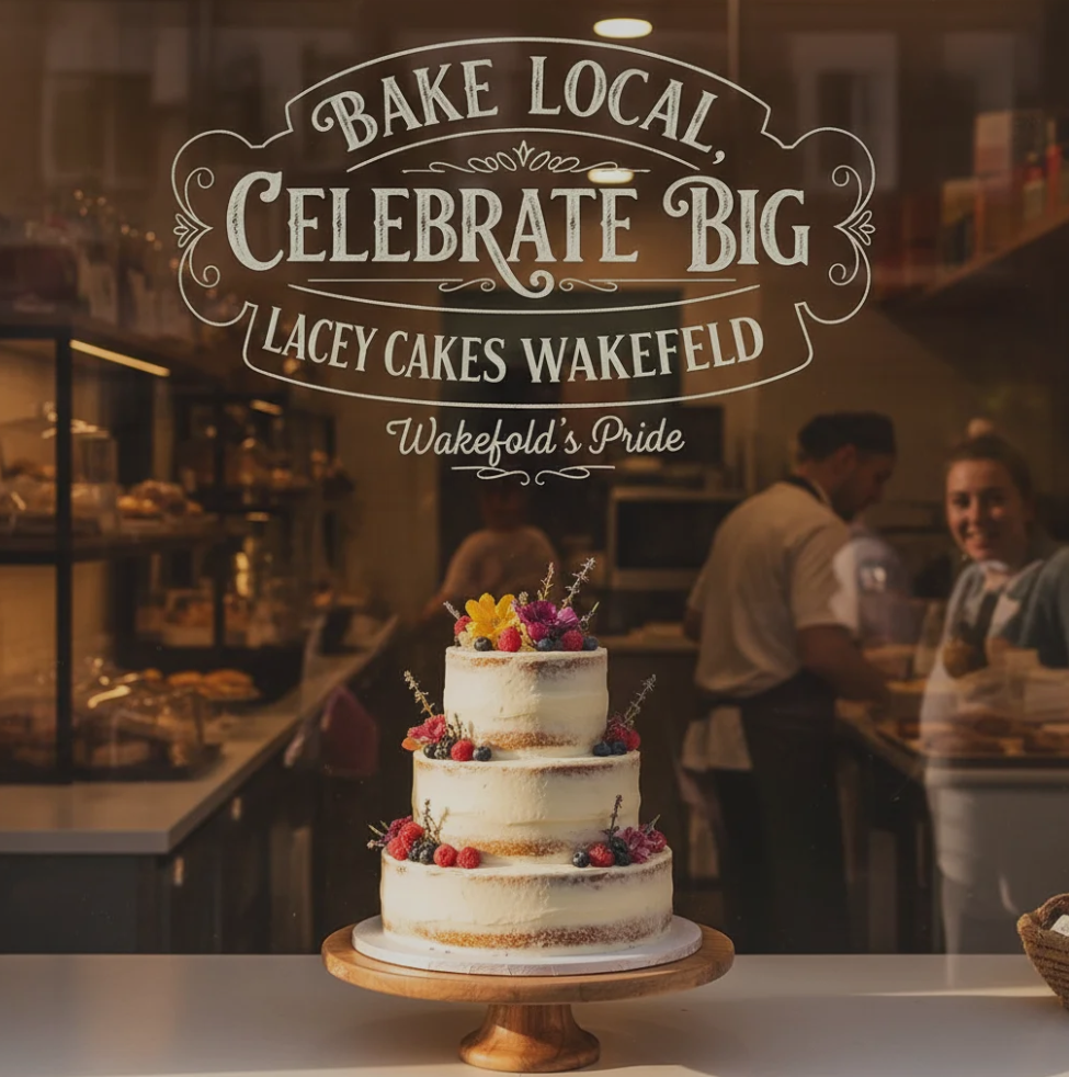 A beautifully decorated custom cake from Lacey Cakes Wakefield, surrounded by celebration decorations.
