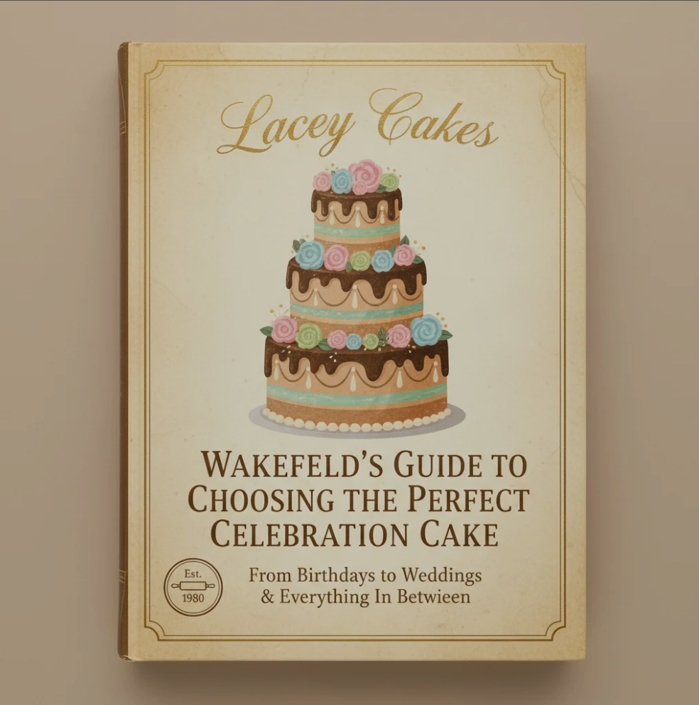 Beautifully decorated celebration cake with fresh flowers and colorful icing from Lacey Cakes Wakefield