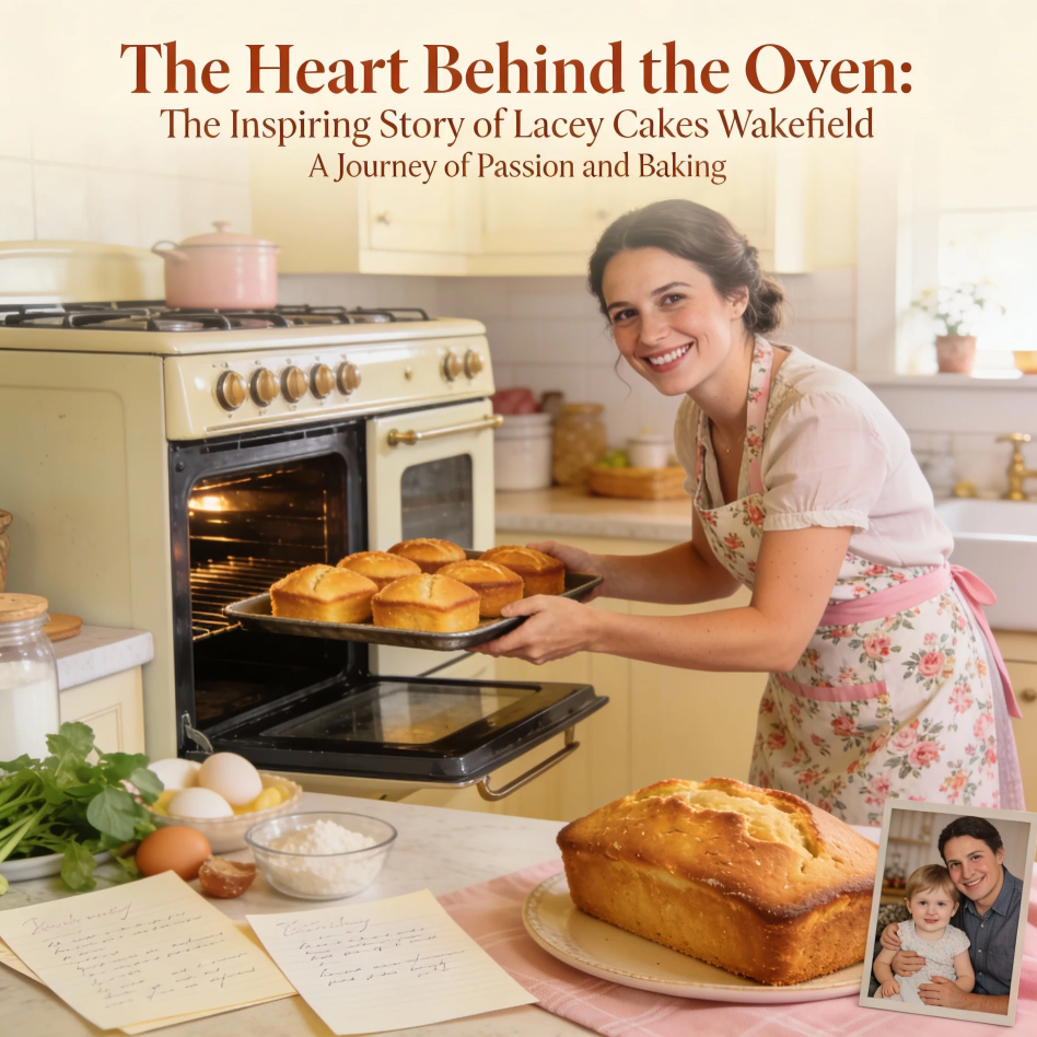 The team at Lacey Cakes Wakefield arranging freshly baked cakes and pastries in a cozy bakery setting
