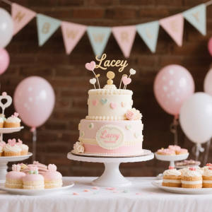 Beautifully decorated custom cake from Lacey Cakes Wakefield displayed on a party table