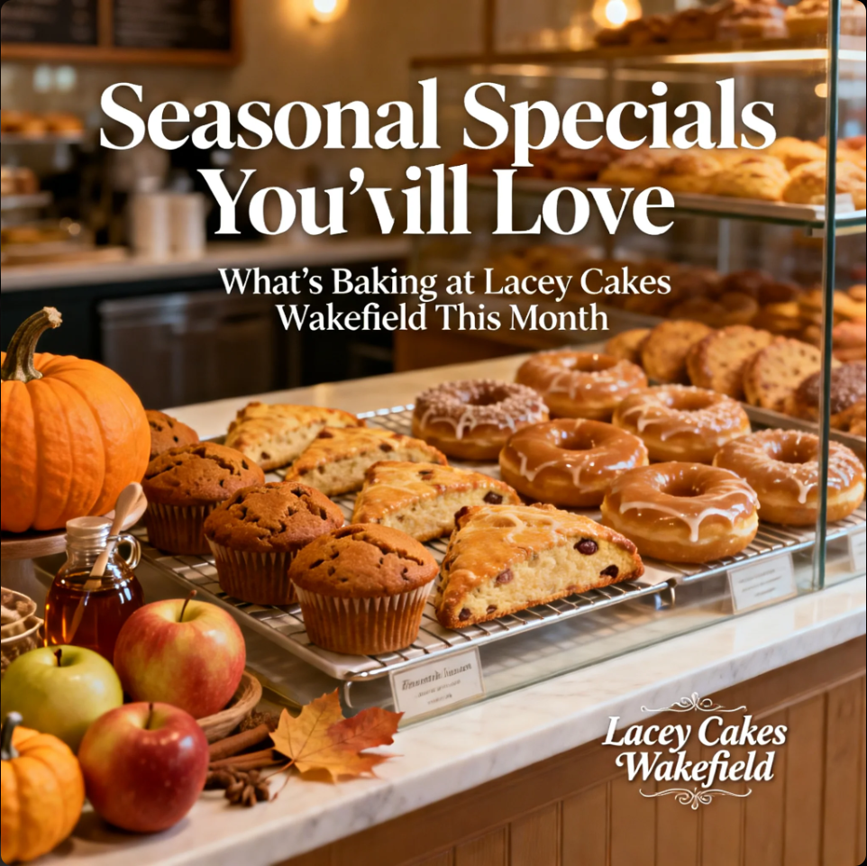 Seasonal cakes and treats from Lacey Cakes Wakefield displayed in a bakery setting